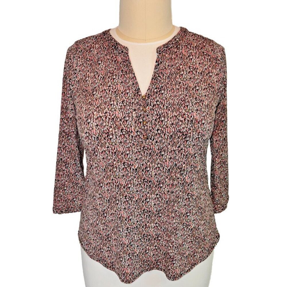 Dana Buchman Women's L Blouse 3/4 Sleeve Henley Neck Abstract Print Round Hem